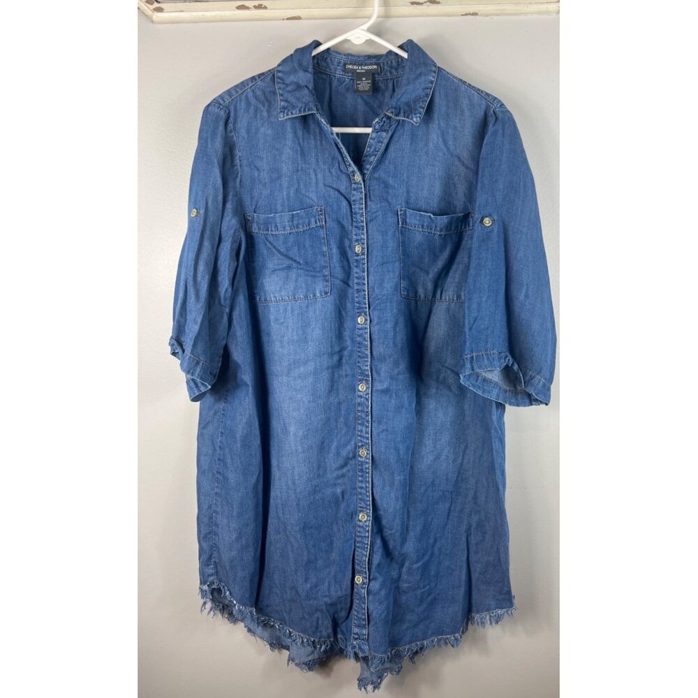 Chelsea & Theodore Shirt Dress Long Top Chambray Fray Hem Button Short Sleeve 1X